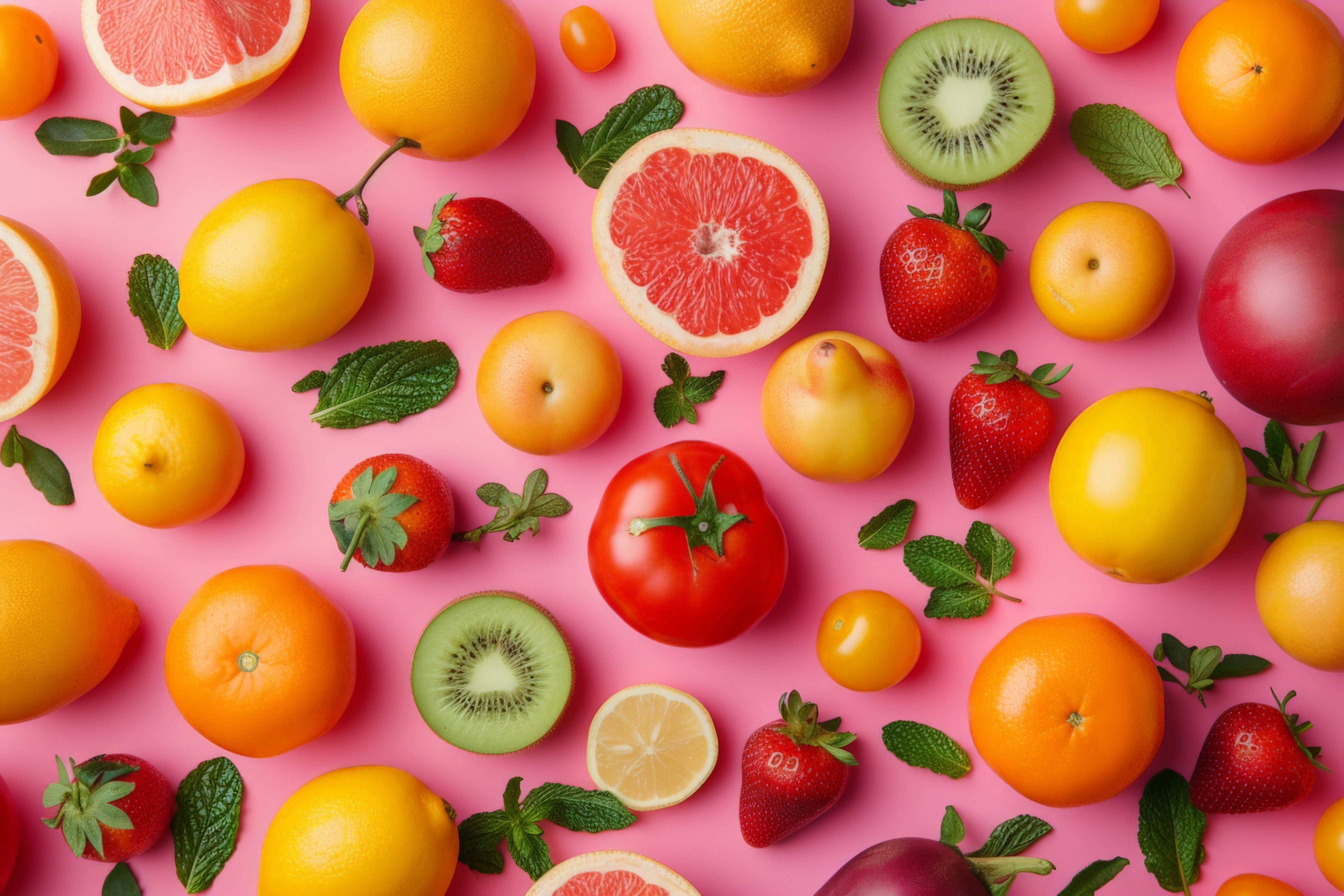 Colorful arrangement of various fruits including strawberries, lemons, oranges, kiwis, and grapefruits on a pink background, complemented by fresh mint leaves.